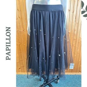 Papillon Beaded Layered Tulle Skirt Black Elastic Waist Lined Sheer Size Medium